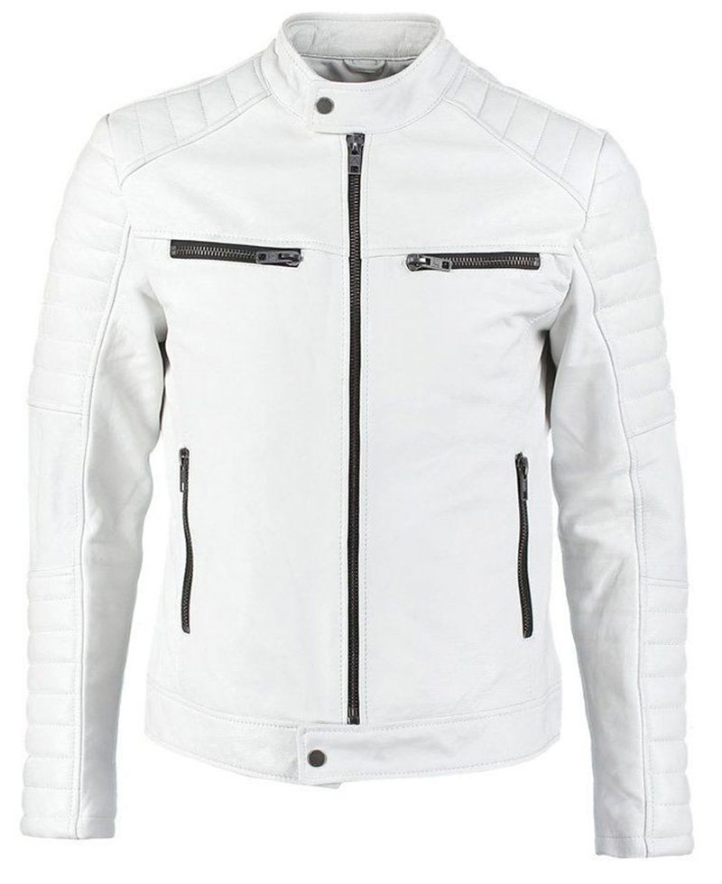 Men's FJM007 Padded Style Motorcycle White Leather Jacket Men's FJM007 Padded Style Motorcycle White Leather Jacket