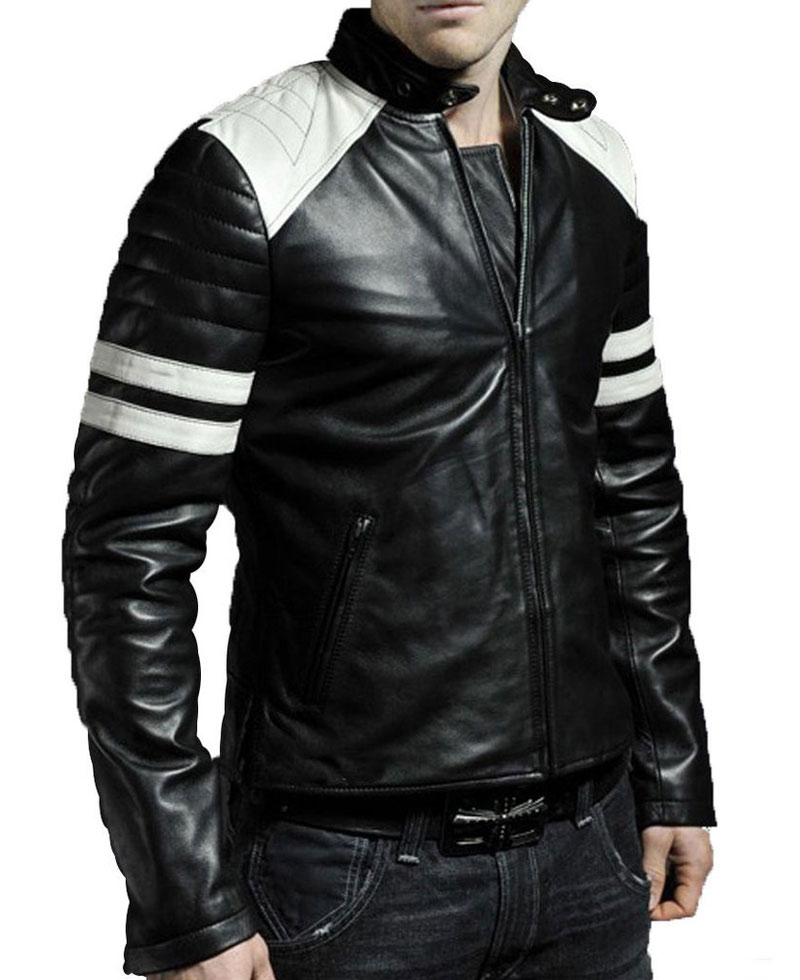 Men's FJM009 White Striped Black Leather Motorcycle Jacket Men's FJM009 White Striped Black Leather Motorcycle Jacket