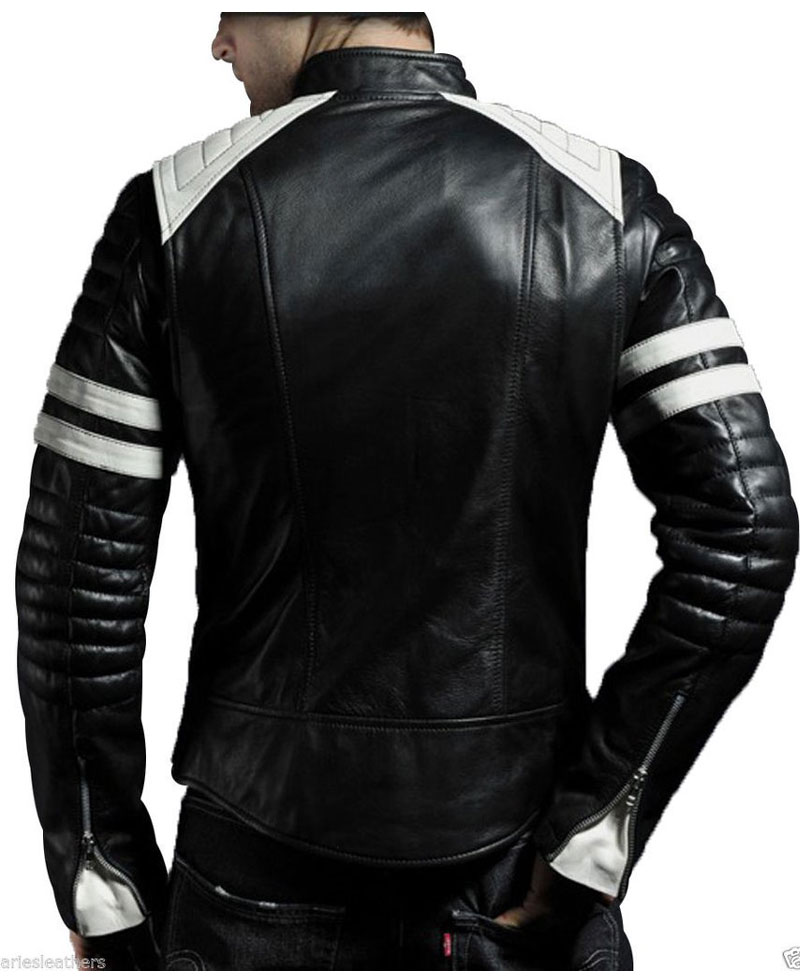 Men's FJM009 White Striped Black Leather Motorcycle Jacket Men's FJM009 White Striped Black Leather Motorcycle Jacket - Image 2