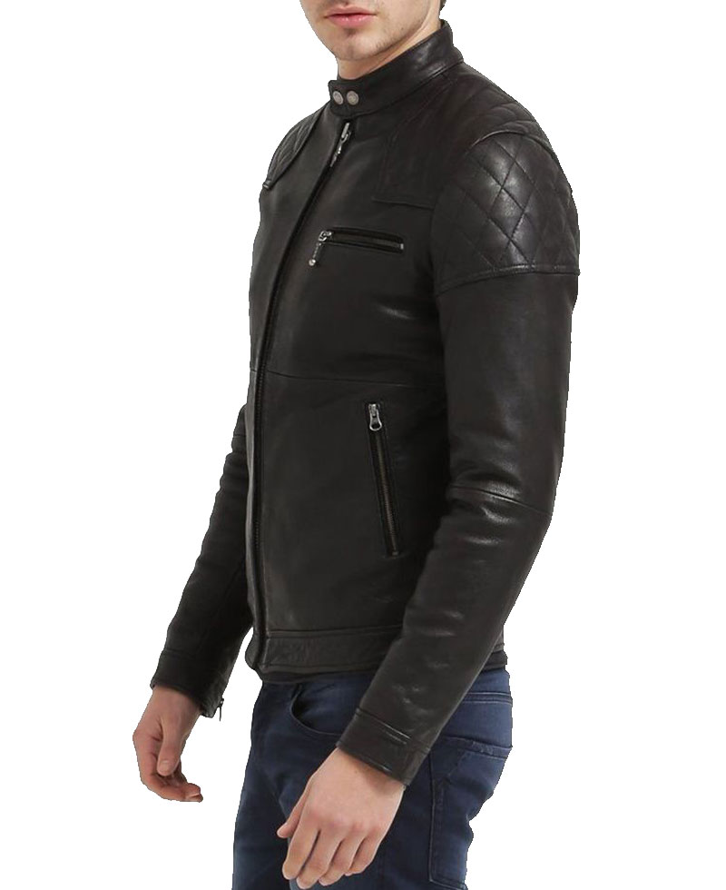 Men's FJM105 Quilted Shoulder Black Leather Motorcycle Jacket Men's FJM105 Quilted Shoulder Black Leather Motorcycle Jacket - Image 6