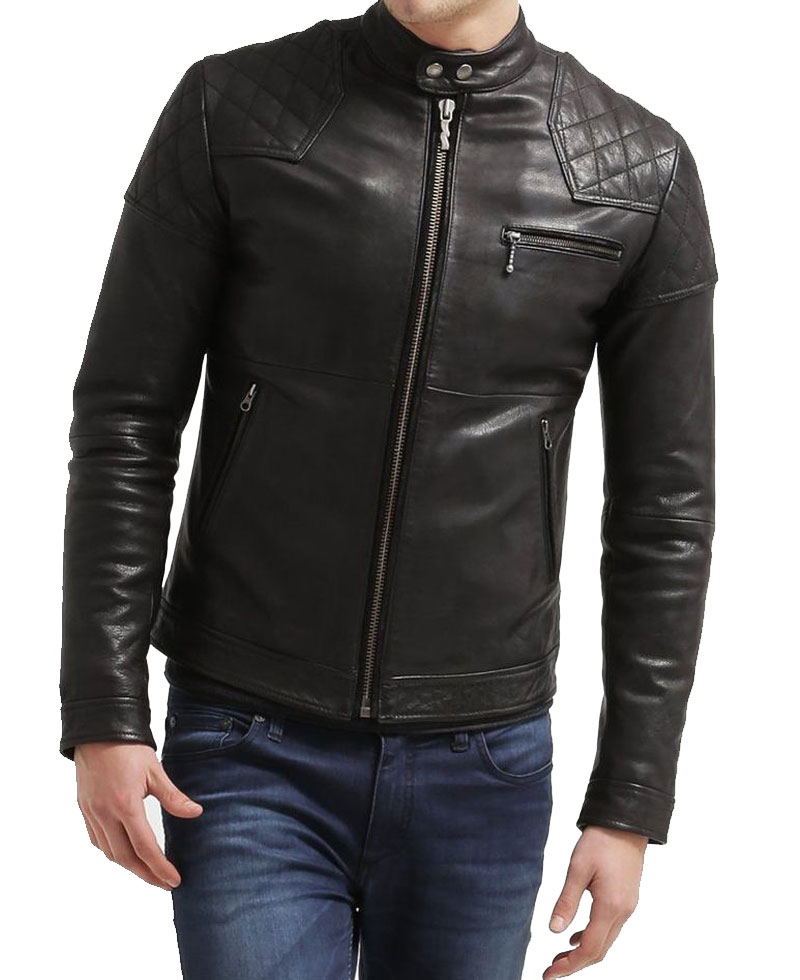 Men's FJM105 Quilted Shoulder Black Leather Motorcycle Jacket Men's FJM105 Quilted Shoulder Black Leather Motorcycle Jacket