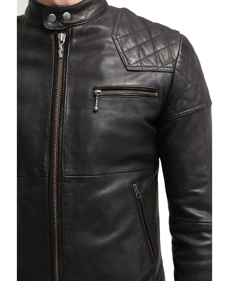 Men's FJM105 Quilted Shoulder Black Leather Motorcycle Jacket Men's FJM105 Quilted Shoulder Black Leather Motorcycle Jacket - Image 4