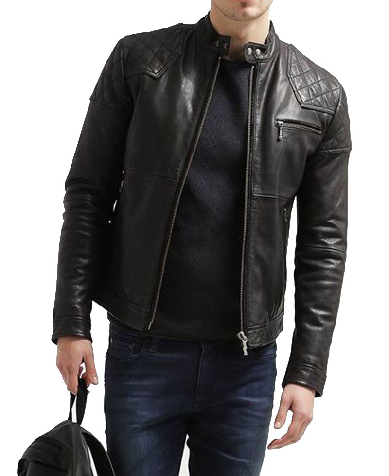 Men's FJM105 Quilted Shoulder Black Leather Motorcycle Jacket Men's FJM105 Quilted Shoulder Black Leather Motorcycle Jacket - Image 2
