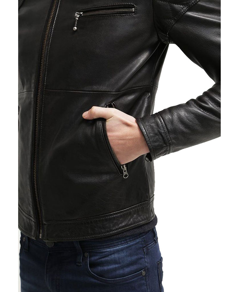 Men's FJM105 Quilted Shoulder Black Leather Motorcycle Jacket Men's FJM105 Quilted Shoulder Black Leather Motorcycle Jacket - Image 7