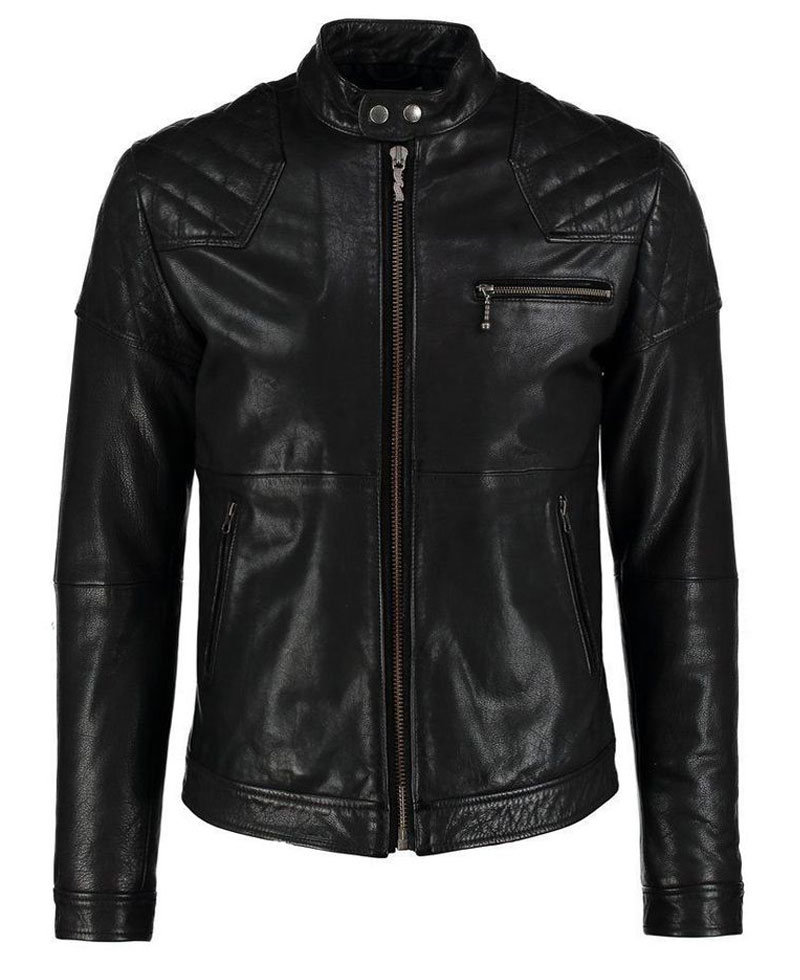 Men's FJM105 Quilted Shoulder Black Leather Motorcycle Jacket Men's FJM105 Quilted Shoulder Black Leather Motorcycle Jacket - Image 3