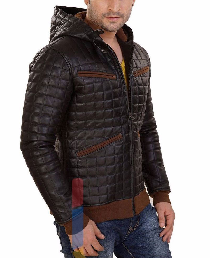 Men's FJM128 Diamond Quilted Designer Brown Leather Hoodie Men's FJM128 Diamond Quilted Designer Brown Leather Hoodie - Image 4