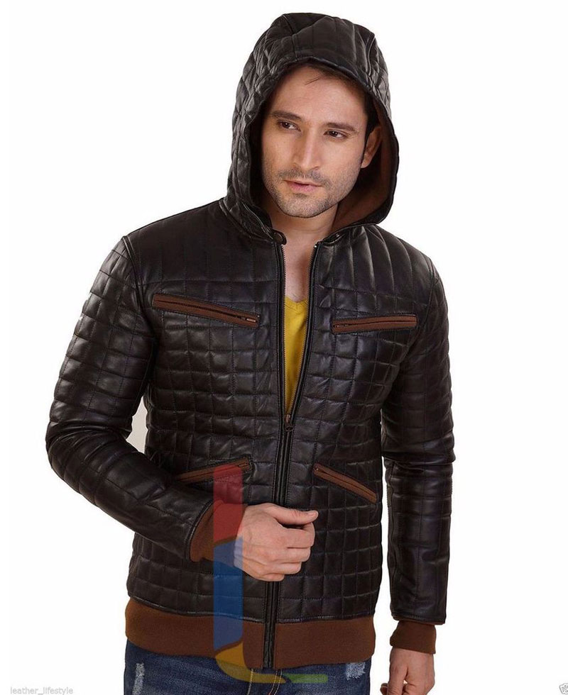 Men's FJM128 Diamond Quilted Designer Brown Leather Hoodie Men's FJM128 Diamond Quilted Designer Brown Leather Hoodie - Image 3