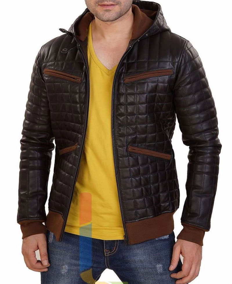 Men's FJM128 Diamond Quilted Designer Brown Leather Hoodie Men's FJM128 Diamond Quilted Designer Brown Leather Hoodie