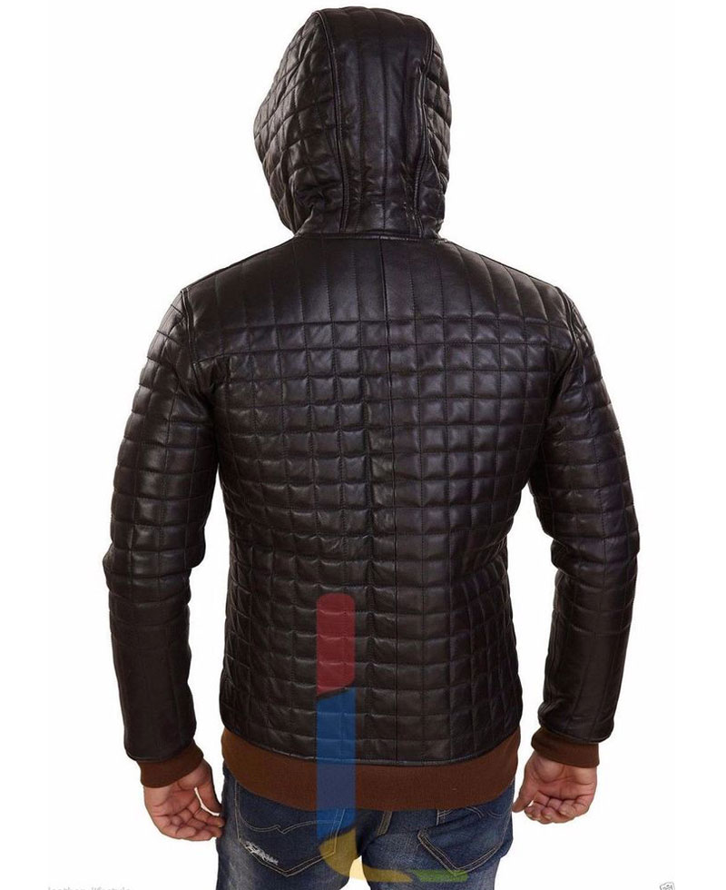 Men's FJM128 Diamond Quilted Designer Brown Leather Hoodie Men's FJM128 Diamond Quilted Designer Brown Leather Hoodie - Image 5