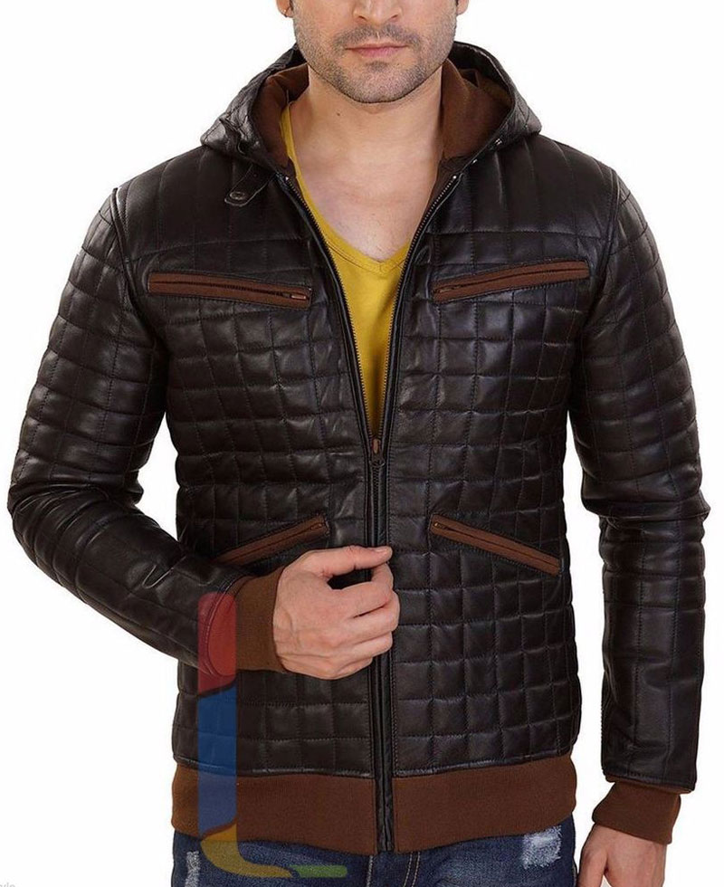 Men's FJM128 Diamond Quilted Designer Brown Leather Hoodie Men's FJM128 Diamond Quilted Designer Brown Leather Hoodie - Image 2