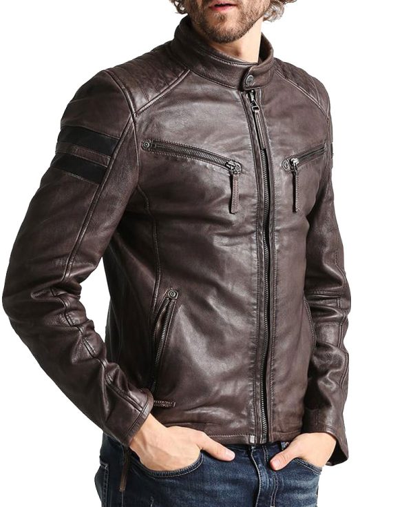 Men's FJM235 Stripes Cafe Race Brown Leather Motorcycle Jacket