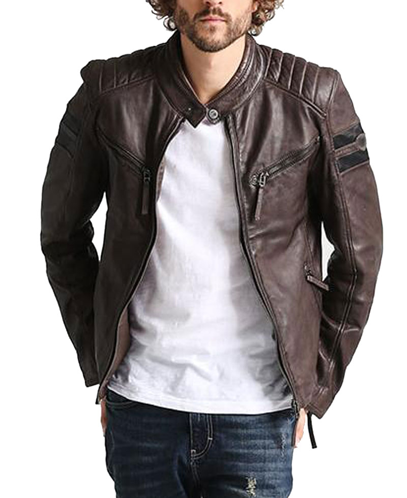 Men's FJM235 Stripes Cafe Race Brown Leather Motorcycle Jacket Men's FJM235 Stripes Cafe Race Brown Leather Motorcycle Jacket - Image 3