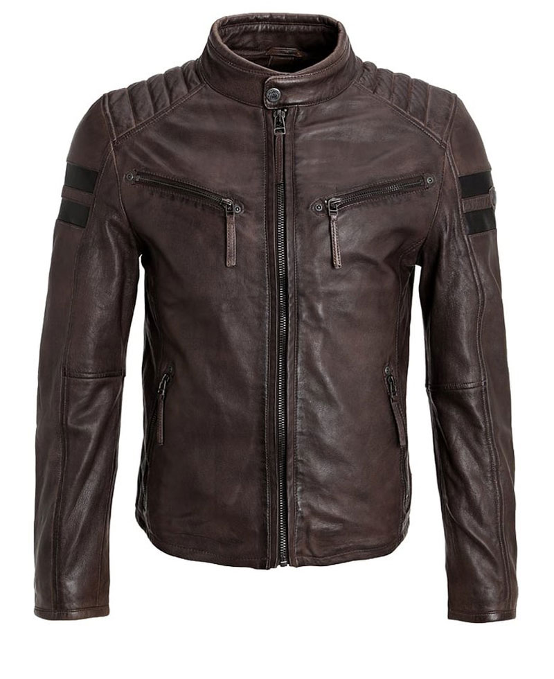 Men's FJM235 Stripes Cafe Race Brown Leather Motorcycle Jacket Men's FJM235 Stripes Cafe Race Brown Leather Motorcycle Jacket - Image 4