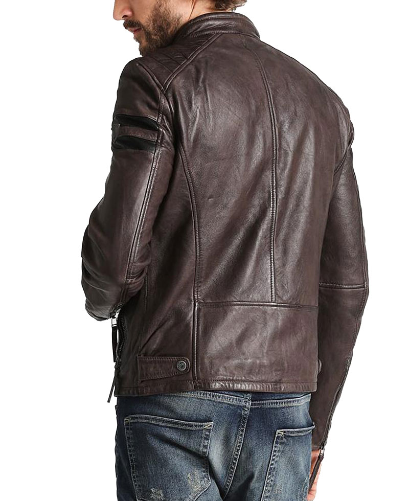 Men's FJM235 Stripes Cafe Race Brown Leather Motorcycle Jacket Men's FJM235 Stripes Cafe Race Brown Leather Motorcycle Jacket - Image 2