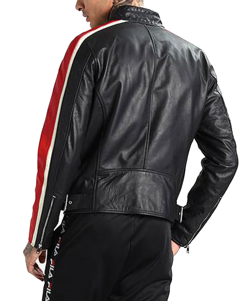 Men's FJM251 Motorcycle Striped Black Red and White Leather Jacket Men's FJM251 Motorcycle Striped Black Red and White Leather Jacket - Image 2