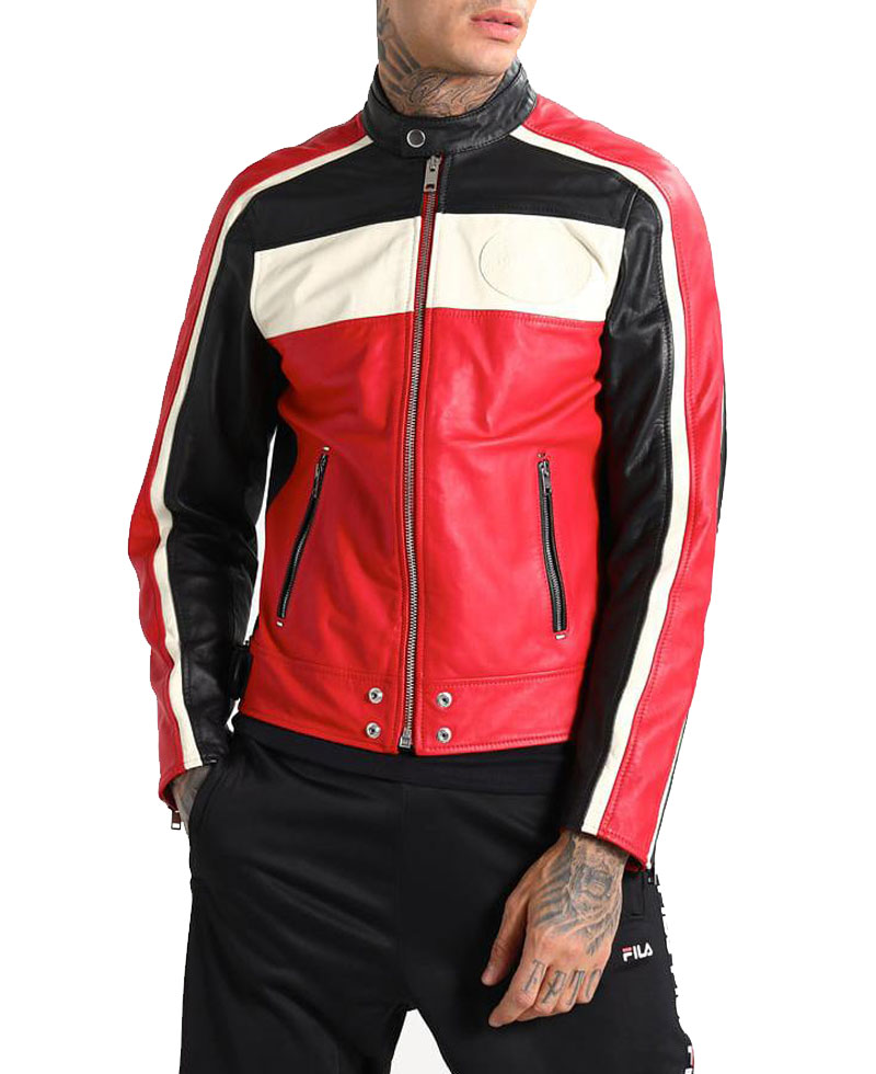 Men's FJM251 Motorcycle Striped Black Red and White Leather Jacket Men's FJM251 Motorcycle Striped Black Red and White Leather Jacket