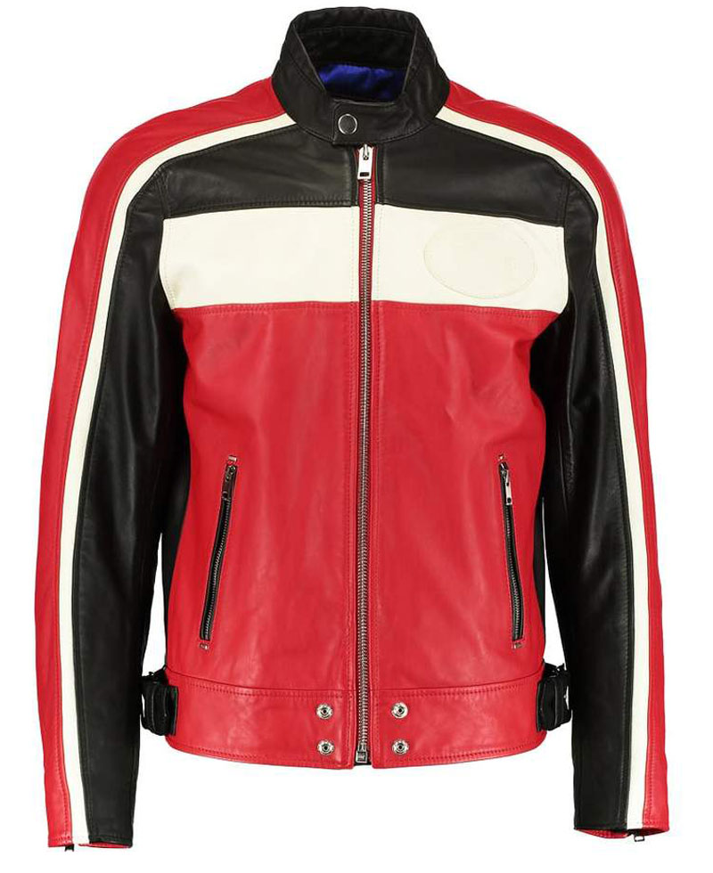 Men's FJM251 Motorcycle Striped Black Red and White Leather Jacket Men's FJM251 Motorcycle Striped Black Red and White Leather Jacket - Image 4