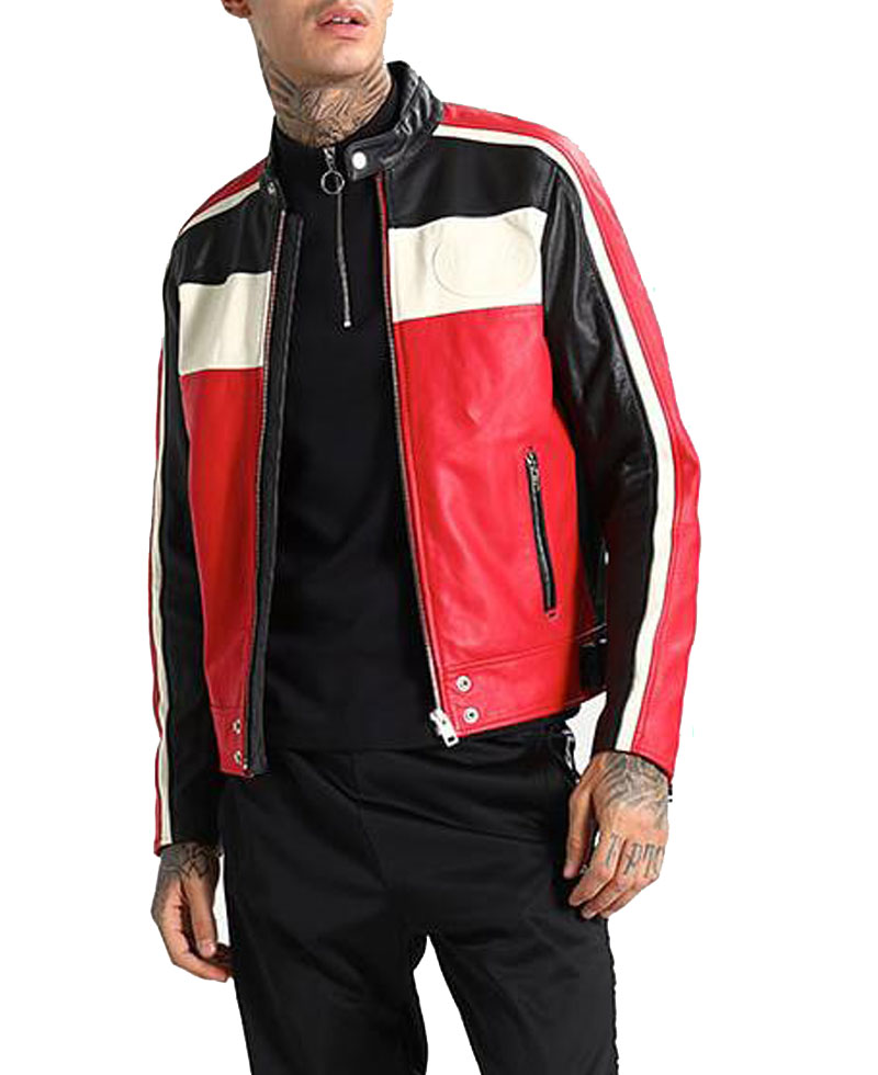 Men's FJM251 Motorcycle Striped Black Red and White Leather Jacket Men's FJM251 Motorcycle Striped Black Red and White Leather Jacket - Image 3