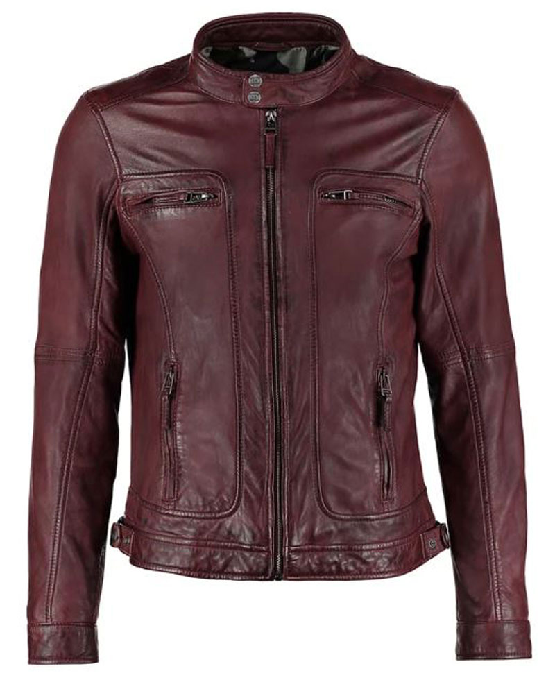 Men's FJM270 Biker Zipper Pockets Waxed Burgundy Leather Jacket Men's FJM270 Biker Zipper Pockets Waxed Burgundy Leather Jacket - Image 4