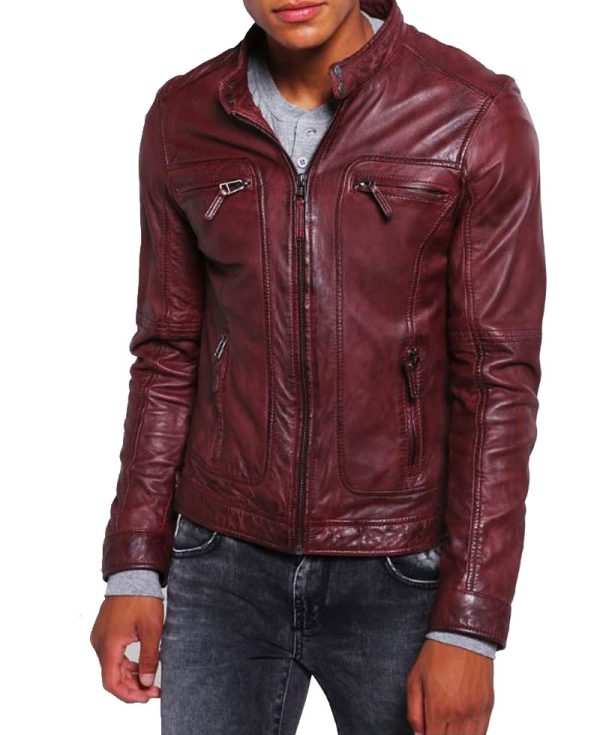 Men's FJM270 Biker Zipper Pockets Waxed Burgundy Leather Jacket