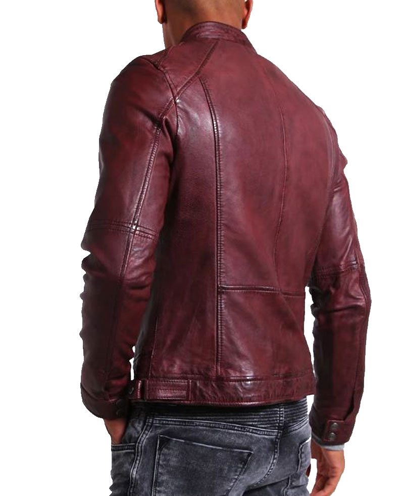 Men's FJM270 Biker Zipper Pockets Waxed Burgundy Leather Jacket Men's FJM270 Biker Zipper Pockets Waxed Burgundy Leather Jacket - Image 2