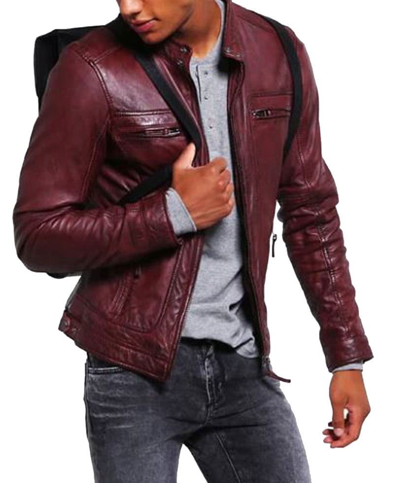 Men's FJM270 Biker Zipper Pockets Waxed Burgundy Leather Jacket Men's FJM270 Biker Zipper Pockets Waxed Burgundy Leather Jacket - Image 3