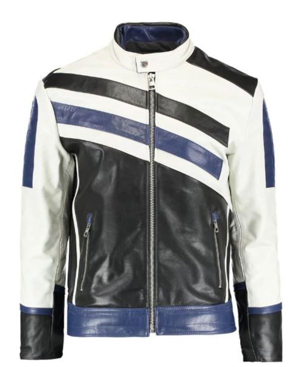 Men's FJM291 White Black and Blue Designer Leather Jacket