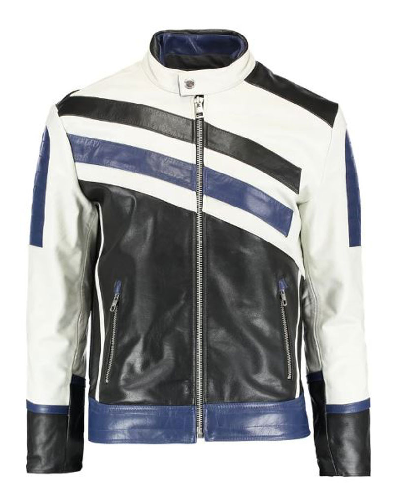 Men's FJM291 White Black and Blue Designer Leather Jacket Men's FJM291 White Black and Blue Designer Leather Jacket