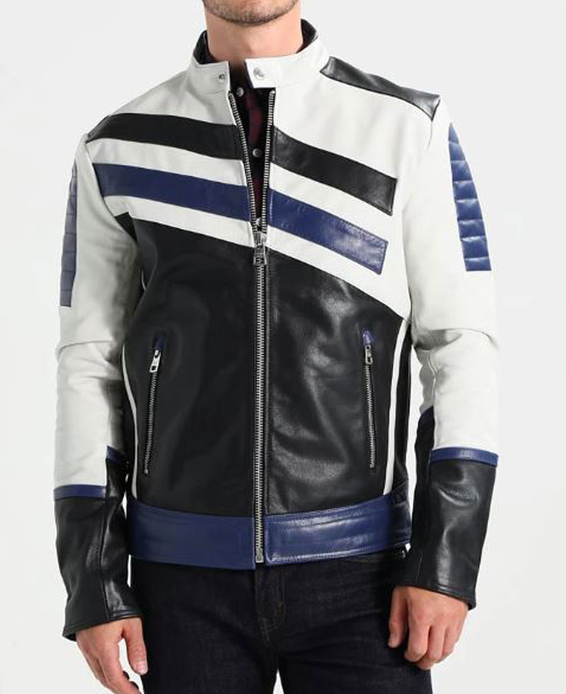Men's FJM291 White Black and Blue Designer Leather Jacket Men's FJM291 White Black and Blue Designer Leather Jacket - Image 3