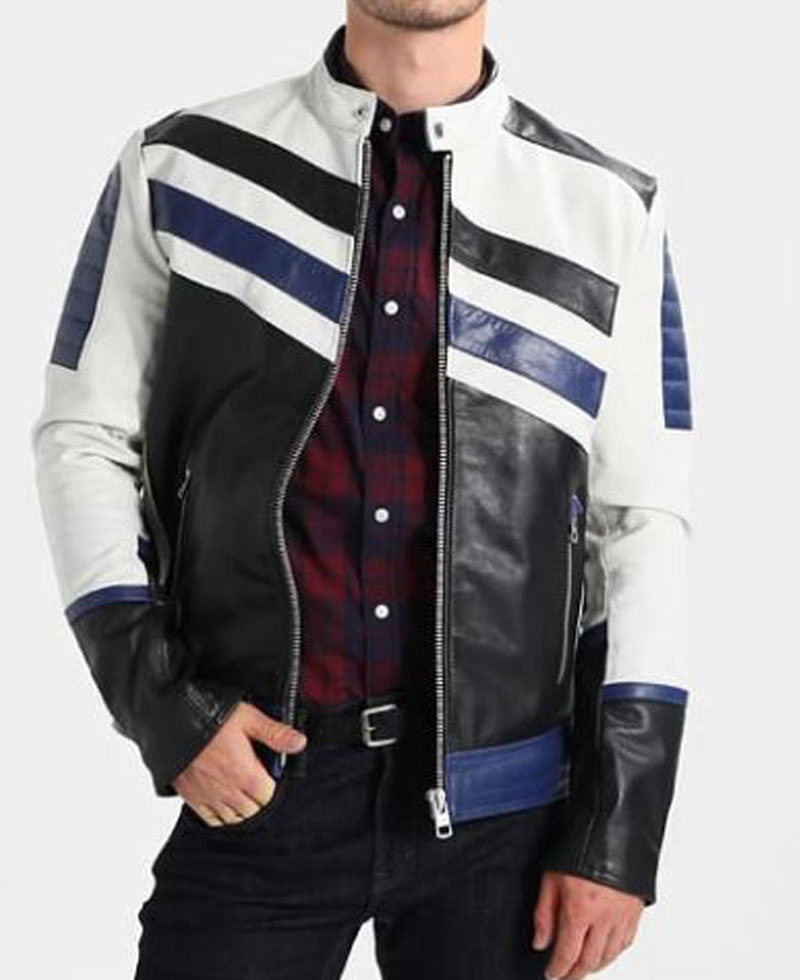 Men's FJM291 White Black and Blue Designer Leather Jacket Men's FJM291 White Black and Blue Designer Leather Jacket - Image 4