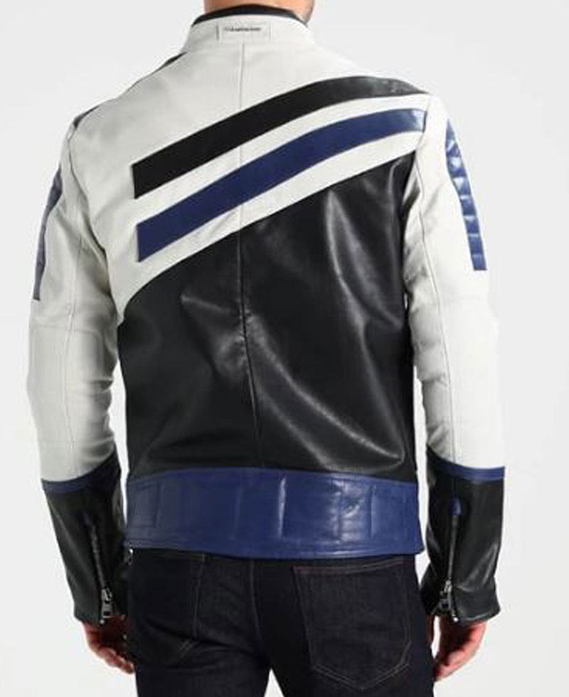 Men's FJM291 White Black and Blue Designer Leather Jacket Men's FJM291 White Black and Blue Designer Leather Jacket - Image 2