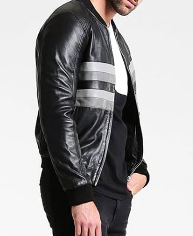 Men's FJM294 Bomber Striped Design Leather Jacket Men's FJM294 Bomber Striped Design Leather Jacket - Image 4