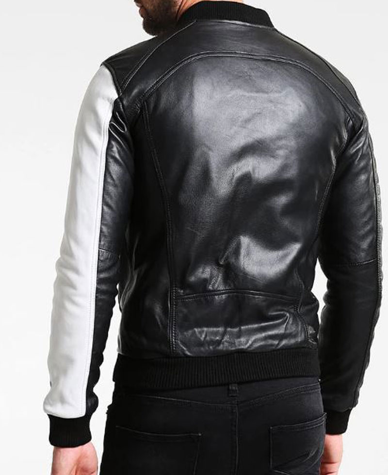Men's FJM294 Bomber Striped Design Leather Jacket Men's FJM294 Bomber Striped Design Leather Jacket - Image 2