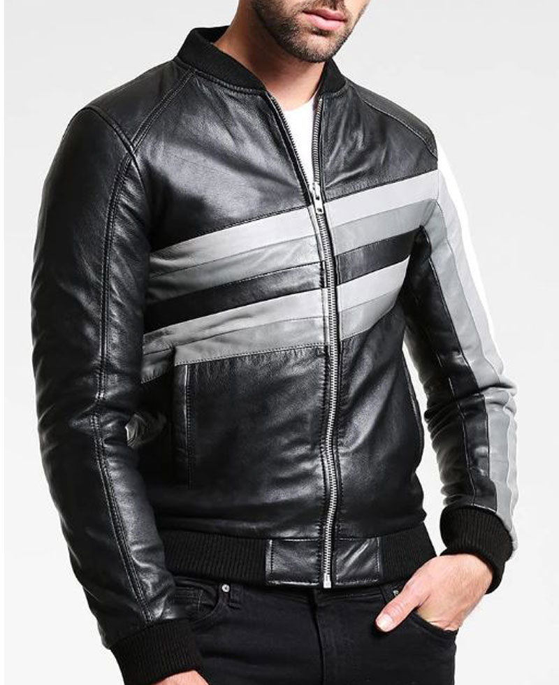 Men's FJM294 Bomber Striped Design Leather Jacket Men's FJM294 Bomber Striped Design Leather Jacket - Image 3
