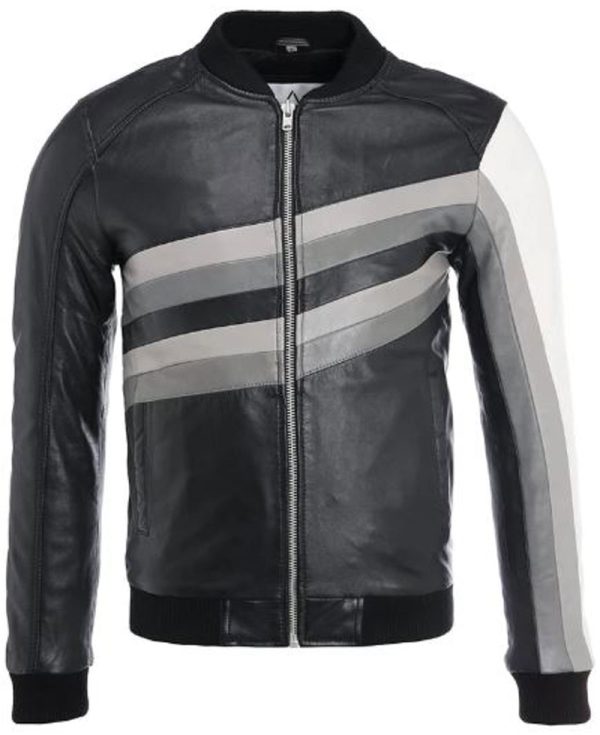 Men's FJM294 Bomber Striped Design Leather Jacket