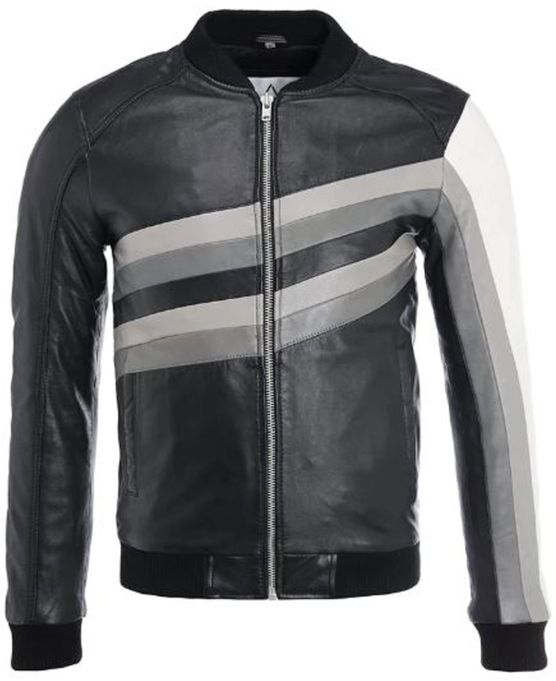 Men's FJM294 Bomber Striped Design Leather Jacket Men's FJM294 Bomber Striped Design Leather Jacket