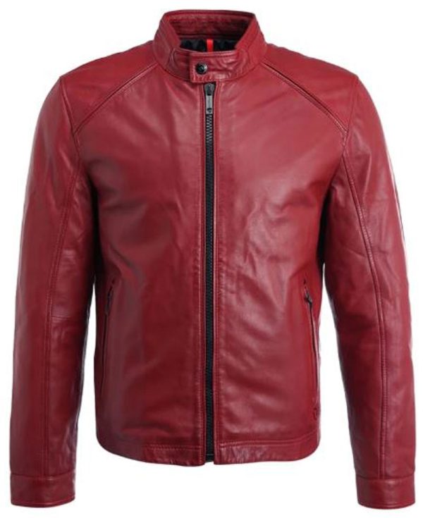 Mens FJM304 Simple Style Black Zipper Red Leather Jacket