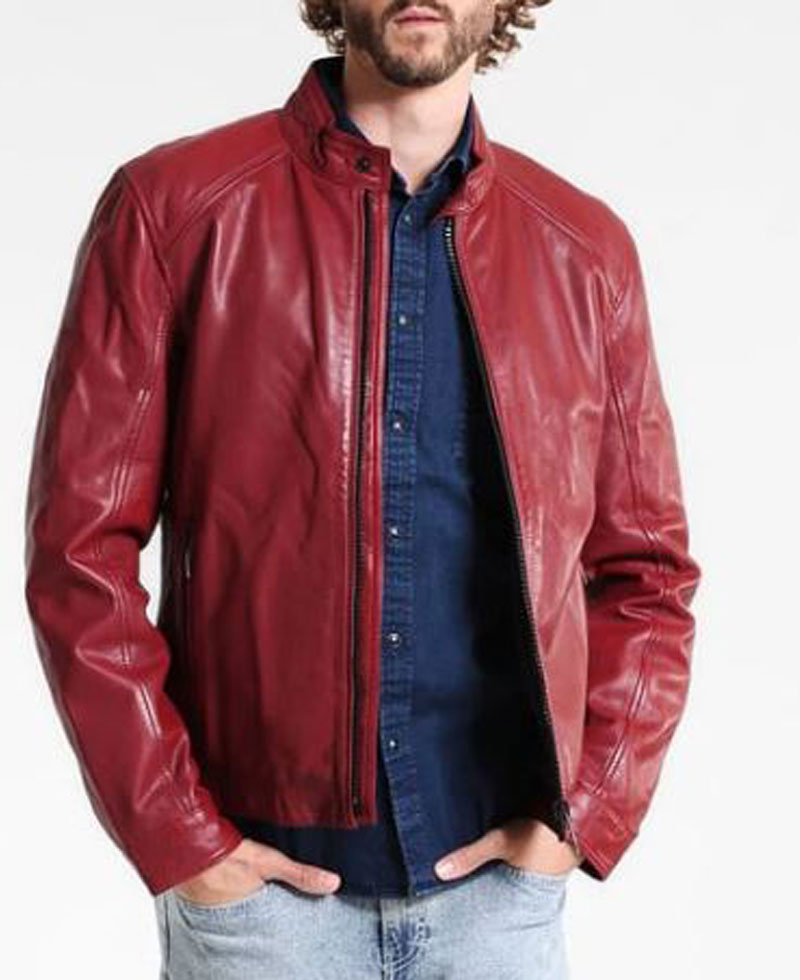 Mens FJM304 Simple Style Black Zipper Red Leather Jacket Mens FJM304 Simple Style Black Zipper Red Leather Jacket - Image 3
