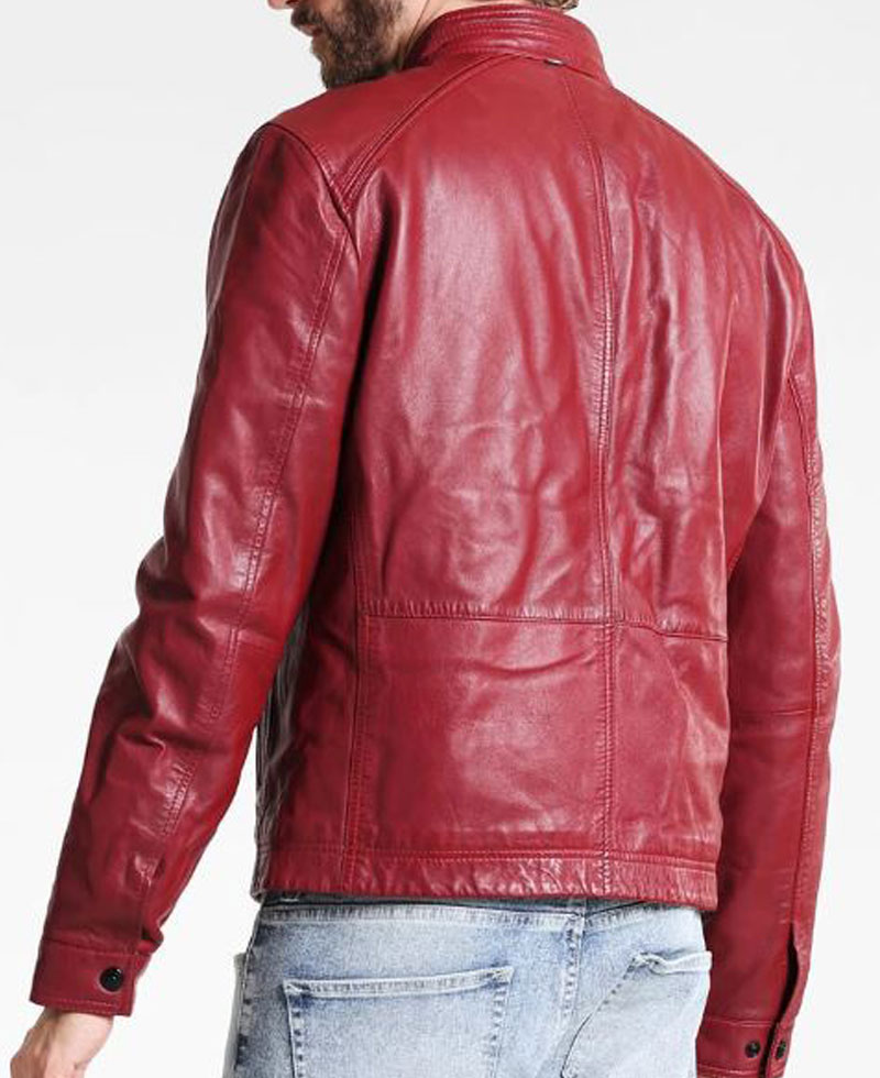 Mens FJM304 Simple Style Black Zipper Red Leather Jacket Mens FJM304 Simple Style Black Zipper Red Leather Jacket - Image 2
