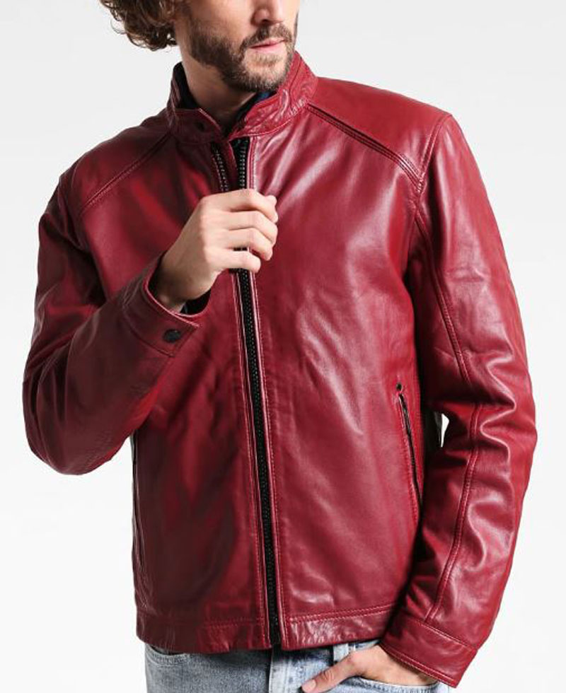 Mens FJM304 Simple Style Black Zipper Red Leather Jacket Mens FJM304 Simple Style Black Zipper Red Leather Jacket - Image 4