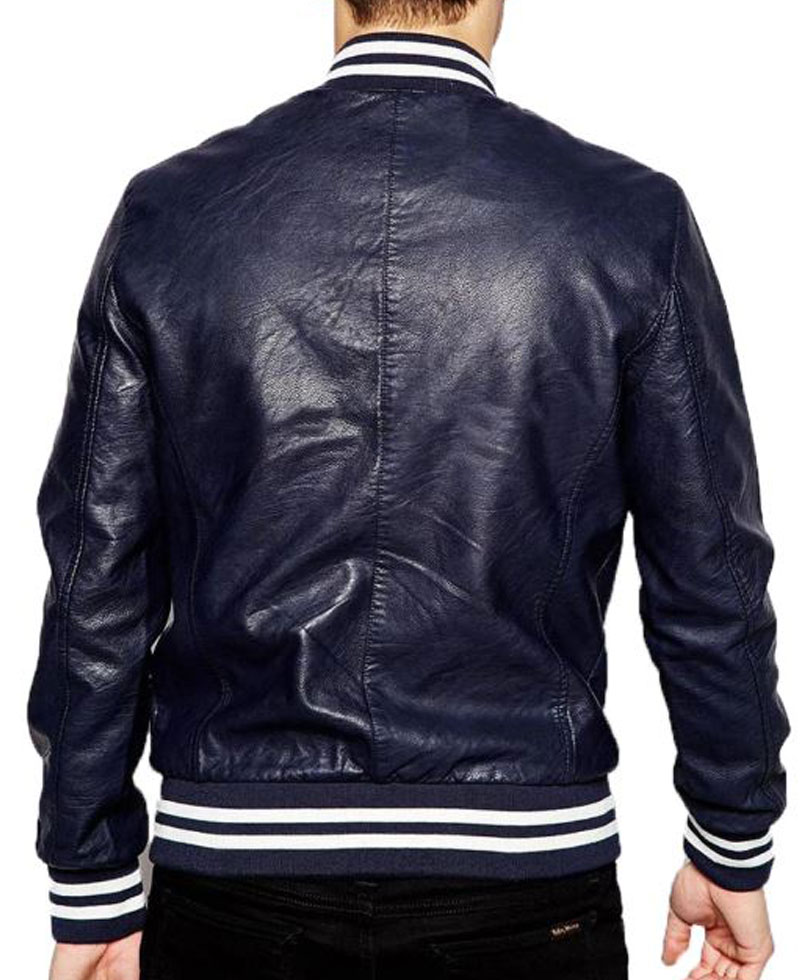 Men's FJM316 Navy Blue Leather Bomber Jacket Men's FJM316 Navy Blue Leather Bomber Jacket - Image 2