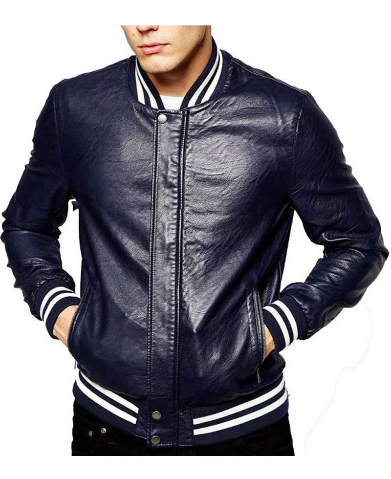 Men's FJM316 Navy Blue Leather Bomber Jacket Men's FJM316 Navy Blue Leather Bomber Jacket