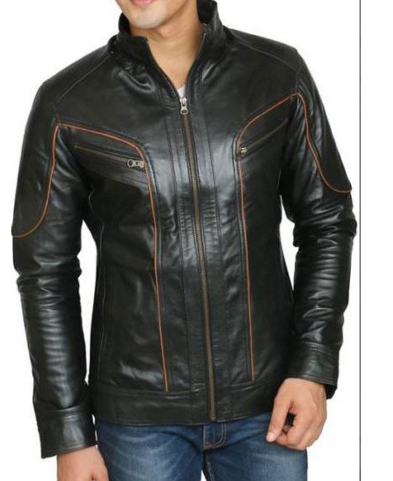 Men's FJM445 Biker Designer Brown Striped Leather Jacket Men's FJM445 Biker Designer Brown Striped Leather Jacket