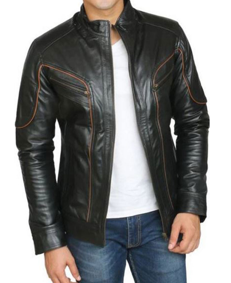 Men's FJM445 Biker Designer Brown Striped Leather Jacket Men's FJM445 Biker Designer Brown Striped Leather Jacket - Image 4