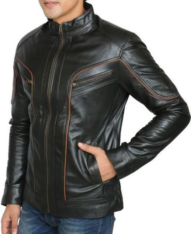 Men's FJM445 Biker Designer Brown Striped Leather Jacket Men's FJM445 Biker Designer Brown Striped Leather Jacket - Image 3