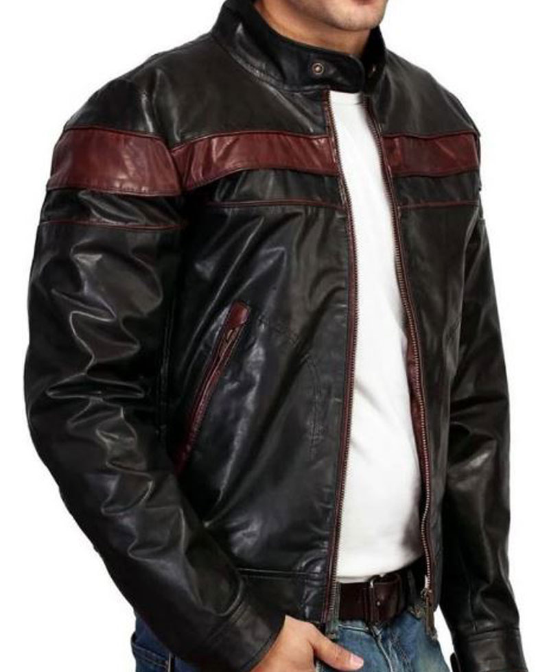 Men's FJM455 Biker Brown Striped Designer Leather Jacket Men's FJM455 Biker Brown Striped Designer Leather Jacket - Image 3