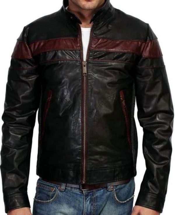 Men's FJM455 Biker Brown Striped Designer Leather Jacket