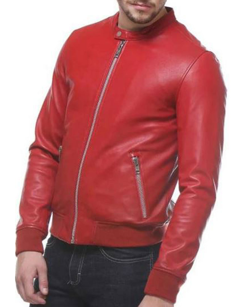 Men's FJM469 Bomber Red Leather Jacket Men's FJM469 Bomber Red Leather Jacket - Image 3
