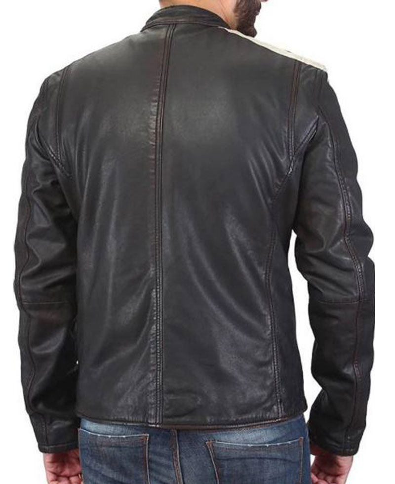 Men's FJM473 Striped Dark Brown Leather Biker Jacket dark brown leather jacket mens
