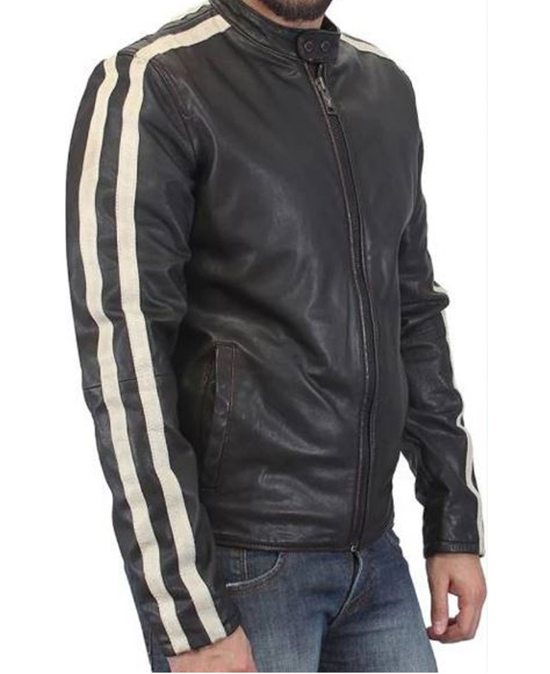 Men's FJM473 Striped Dark Brown Leather Biker Jacket mens biker striped jacket